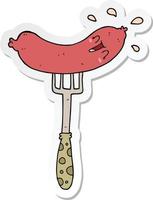 sticker of a cartoon happy sausage on fork vector