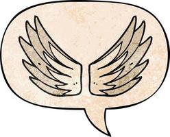 símbolo de alas de dibujos animados y burbuja de habla en estilo de textura retro vector