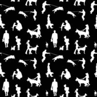 Seamless pattern of pet and owners holding or walking a dog, Barkitecture concepts black and white vector