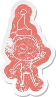cartoon distressed sticker of a happy old woman wearing santa hat vector