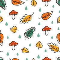 Autumn seamless pattern. Hand drawn leaves, mushrooms, rain. vector