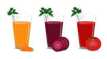 Vegetable juices in a glass set. Carrot, beetroot, tomato juice. vector