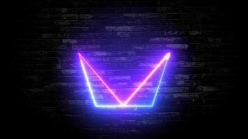 loop animation cool cycle crown shaped, brick wall background luminous electronic futuristic colourful spinning neon sign abstract graphic effect, geometry glow internet data. video