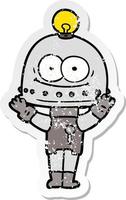 distressed sticker of a happy carton robot with light bulb vector