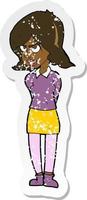 retro distressed sticker of a cartoon annoyed woman vector