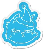 cartoon  sticker of a tough cat face wearing santa hat vector