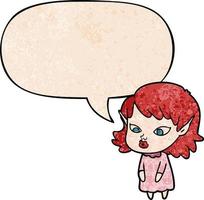 cartoon elf girl and pointy ears and speech bubble in retro texture style vector