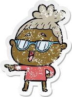 distressed sticker of a cartoon happy woman wearing spectacles vector