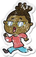 distressed sticker of a cartoon happy woman wearing spectacles vector