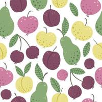 Vector seamless pattern with funny hand drawn flat garden fruits and berries. Colored apple, pear, plum, peach, cherry texture. Harvest repeating background picture for children design.