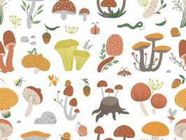 Vector seamless pattern of flat funny mushrooms with berries, leaves and insects. Autumn repeat background for children design. Cute fungi texture with acorns and cones