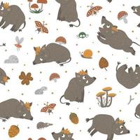 Vector seamless pattern of hand drawn flat funny boars in different poses. Cute repeat background with woodland animals, mushrooms, insects. Sweet animalistic ornament