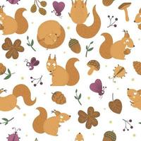 Vector seamless pattern of handdrawn flat funny squirrels with acorns, cones, mushrooms and insects. Autumn repeating background for children design. Cute animalistic backdrop