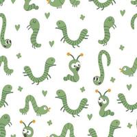 Vector seamless pattern with hand drawn flat funny insects. Cute repeat background with green caterpillars. Sweet creepy-crawly ornament for children design, print.