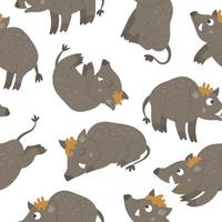 Vector seamless pattern of hand drawn flat funny boars in different poses. Cute repeat background with woodland animals. Sweet animalistic ornament for children design.