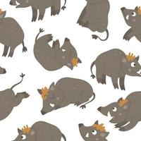 patrón vectorial sin costuras de jabalíes divertidos planos dibujados a mano en diferentes poses. lindo fondo repetido con animales del bosque. dulce adorno animal para el diseño de los niños. vector