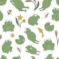 Vector seamless pattern of cartoon style flat funny frogs in different poses with waterlily, dragonfly, mosquito, reed, heron clip art. Cute repeat background with woodland swamp animals