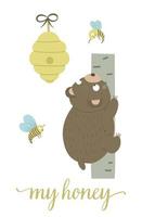 Vector cartoon style hand drawn flat bear climbing the tree for beehive surrounded by bees. Funny scene with Teddy wanting to get some honey. Cute illustration of woodland animal for print, stationery
