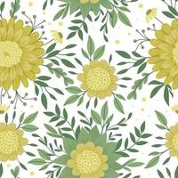 Vector floral seamless texture. Hand drawn flat trendy illustration with yellow flowers, leaves, branches on white background. Repeating pattern with meadow, woodland, forest plants.