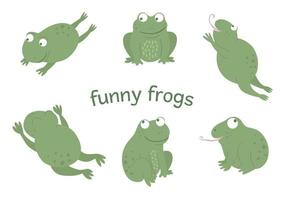 Vector set of cartoon style flat funny frogs in different poses. Cute illustration of woodland swamp animals. Collection of amphibians