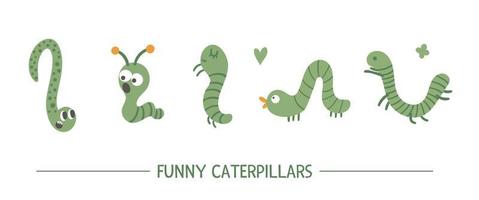 Set of vector hand drawn flat green caterpillars. Funny insects collection. Cute illustration with for children design, print, stationery