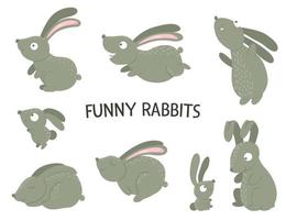 Vector set of cartoon style flat funny rabbits in different poses. Cute illustration of woodland animals. Collection of hares