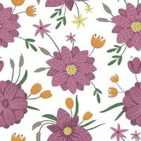 Vector floral seamless background. Flat trendy illustration with flowers, leaves, branches, reeds, waterlilies. Repeating pattern with swamp, woodland, forest plants.