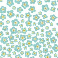 Vector blue floral seamless texture on white background. Hand drawn flat simple trendy illustration with flowers and leaves. Repeating pattern with meadow, garden, forest plants.