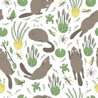 Vector seamless pattern of hand drawn flat funny beavers in different poses. Cute repeat background with frog, reeds, water insects. Sweet animalistic ornament