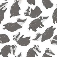 Vector seamless pattern of hand drawn flat funny badgers in different poses. Cute repeat background. Sweet animalistic ornament for children design.