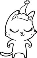 dibujo de línea tranquila de un gato con sombrero de santa vector