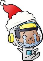 gradient cartoon of a crying astronaut wearing santa hat vector