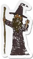 retro distressed sticker of a cartoon spooky wizard vector