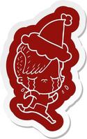 cartoon  sticker of a crying girl wearing space clothes wearing santa hat vector