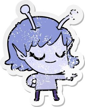 distressed sticker of a smiling alien girl cartoon vector
