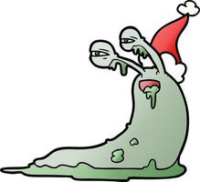 gross gradient cartoon of a slug wearing santa hat vector