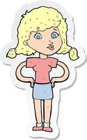 sticker of a cartoon pretty girl with hands on hips vector