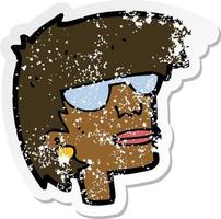 retro distressed sticker of a cartoon female face with glasses vector