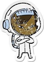 distressed sticker of a cartoon astronaut woman vector