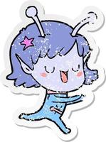 distressed sticker of a happy alien girl cartoon vector