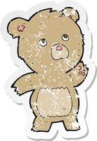 retro distressed sticker of a cartoon curious teddy bear vector