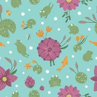 Vector seamless pattern of cartoon style flat funny frogs in different poses with waterlily, dragonfly, mosquito, reed, heron on blue background. Cute repeat ornament with woodland swamp animals.