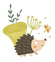 Vector hand drawn flat hedgehog with mushroom and dragonfly clip art. Funny autumn scene with prickly animal having fun. Cute woodland animalistic illustration for children design, print, stationery