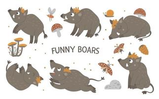 Vector set of cartoon style hand drawn flat funny boars in different poses. Cute illustration of woodland animals for children design.