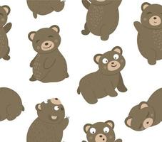 Vector seamless pattern of hand drawn flat funny bears in different poses. Cute repeat background with woodland animals. Cute animalistic ornament for children design.