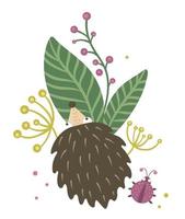 Vector hand drawn flat hedgehog with berries, leaves and ladybug clip art. Funny autumn scene with prickly animal having fun. Cute woodland animalistic illustration for print, stationery