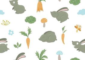 vector patrón sin costuras de conejos divertidos planos de estilo de dibujos animados en diferentes poses con zanahoria, repollo, flores, nube, imágenes prediseñadas de hongos. lindo fondo repetido con animales del bosque