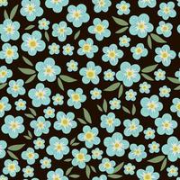 Vector blue floral seamless texture on black background. Hand drawn flat simple trendy illustration with flowers and leaves. Repeating pattern with meadow, garden, forest plants.