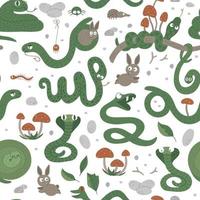 Vector seamless pattern of hand drawn flat funny snakes in different poses. Cute repeat background with woodland animals. Cute serpents ornament for children design.