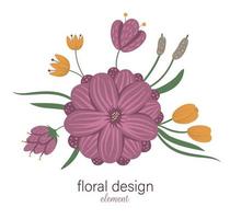 Vector floral round decorative element. Flat trendy illustration with flowers, leaves, branches, reeds, waterlilies. Swamp, woodland, forest clip art collection. Beautiful spring or summer bouquet
